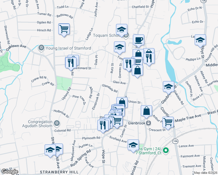 map of restaurants, bars, coffee shops, grocery stores, and more near 20 Glendale Road in Stamford