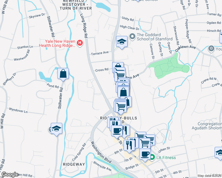 map of restaurants, bars, coffee shops, grocery stores, and more near 37 Long Ridge Road in Stamford