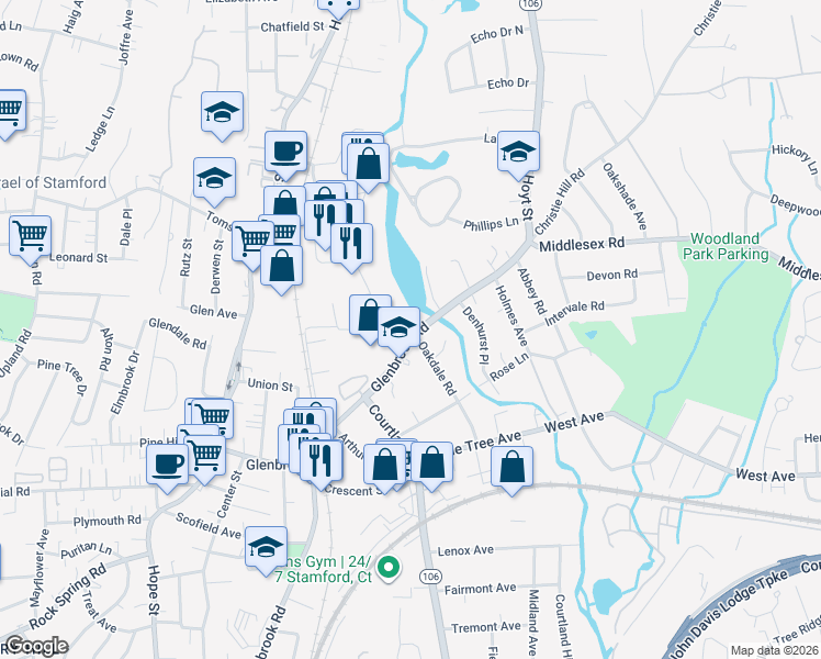 map of restaurants, bars, coffee shops, grocery stores, and more near 94 Oakdale Road in Stamford