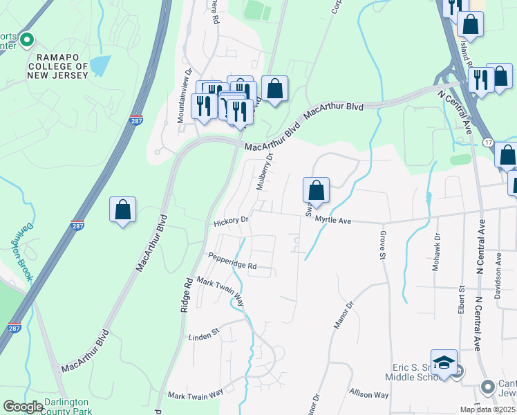 map of restaurants, bars, coffee shops, grocery stores, and more near 1252 Mulberry Drive in Mahwah