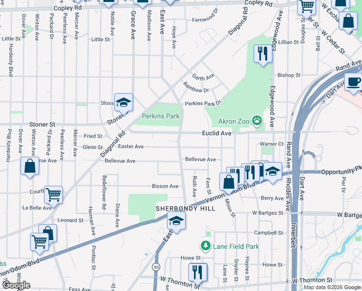 map of restaurants, bars, coffee shops, grocery stores, and more near 675 Bellevue Avenue in Akron