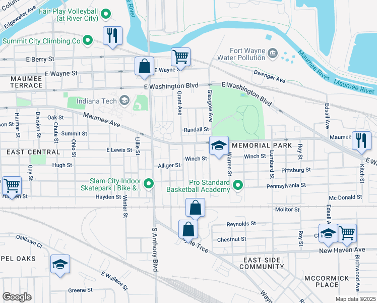 map of restaurants, bars, coffee shops, grocery stores, and more near 1301 Grant Avenue in Fort Wayne
