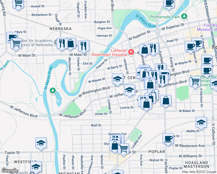 map of restaurants, bars, coffee shops, grocery stores, and more near 1011 College Street in Fort Wayne
