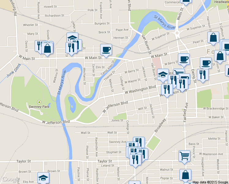 map of restaurants, bars, coffee shops, grocery stores, and more near 1235 West Washington Boulevard in Fort Wayne