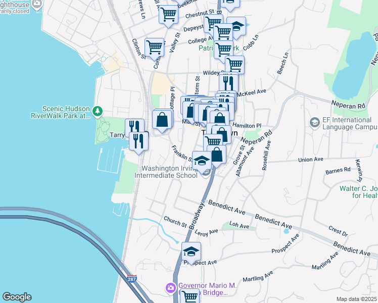 map of restaurants, bars, coffee shops, grocery stores, and more near 50 Franklin Street in Tarrytown