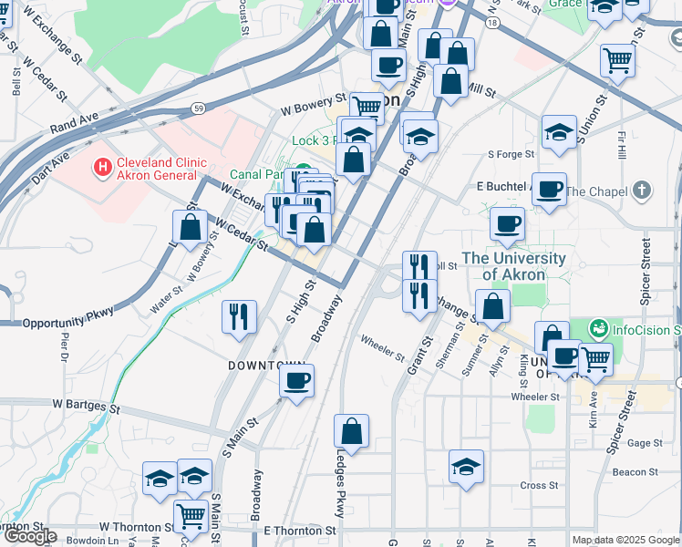 map of restaurants, bars, coffee shops, grocery stores, and more near 44 East Exchange Street in Akron