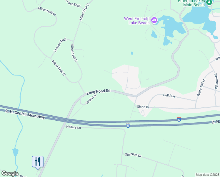 map of restaurants, bars, coffee shops, grocery stores, and more near 2261 Long Pond Road in Long Pond