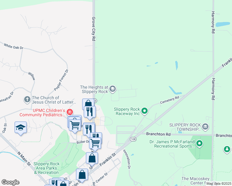 map of restaurants, bars, coffee shops, grocery stores, and more near 100 Woodbridge Drive in Slippery Rock
