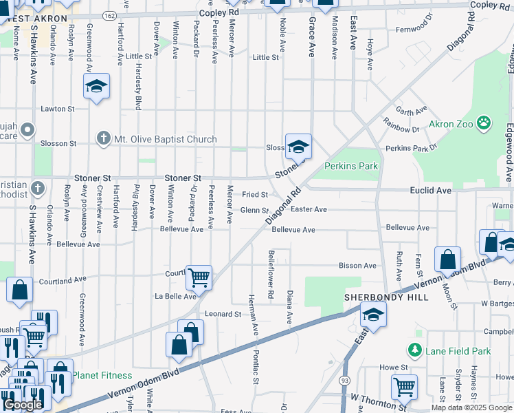 map of restaurants, bars, coffee shops, grocery stores, and more near 1122 Diagonal Road in Akron