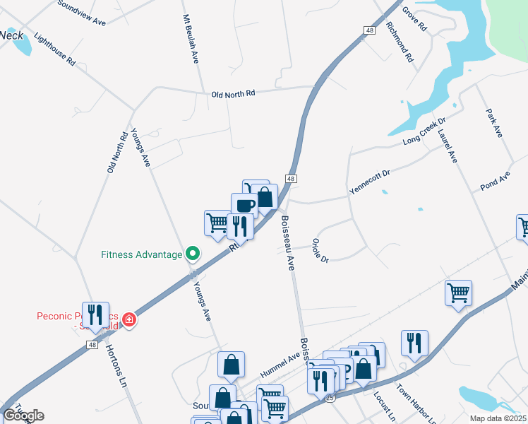 map of restaurants, bars, coffee shops, grocery stores, and more near 4655 Route 48 in Southold