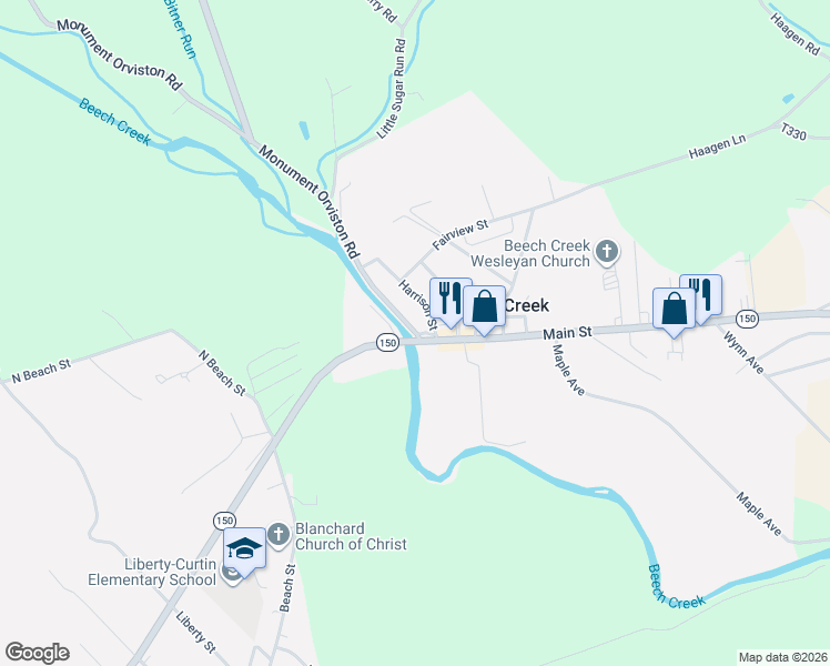 map of restaurants, bars, coffee shops, grocery stores, and more near North Eagle Valley Road in Beech Creek