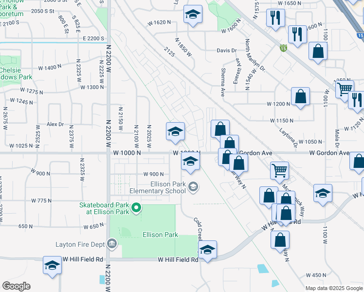 map of restaurants, bars, coffee shops, grocery stores, and more near 1848 West 950 North in Layton