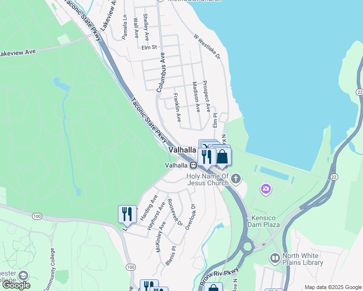 map of restaurants, bars, coffee shops, grocery stores, and more near in Valhalla
