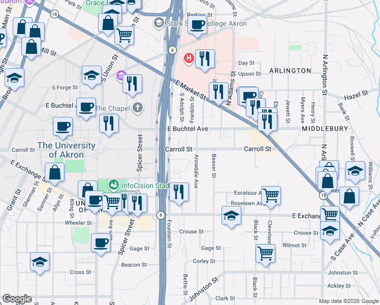 map of restaurants, bars, coffee shops, grocery stores, and more near 548 Hazel Place in Akron