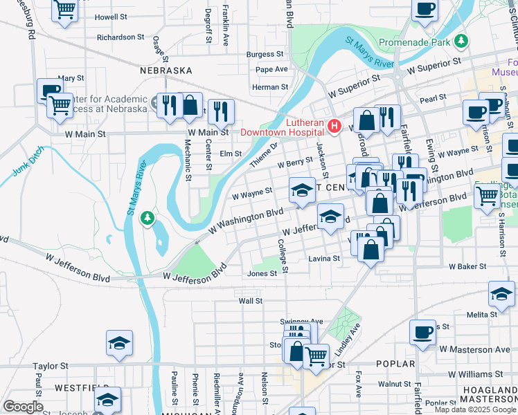 map of restaurants, bars, coffee shops, grocery stores, and more near 1235 West Washington Boulevard in Fort Wayne