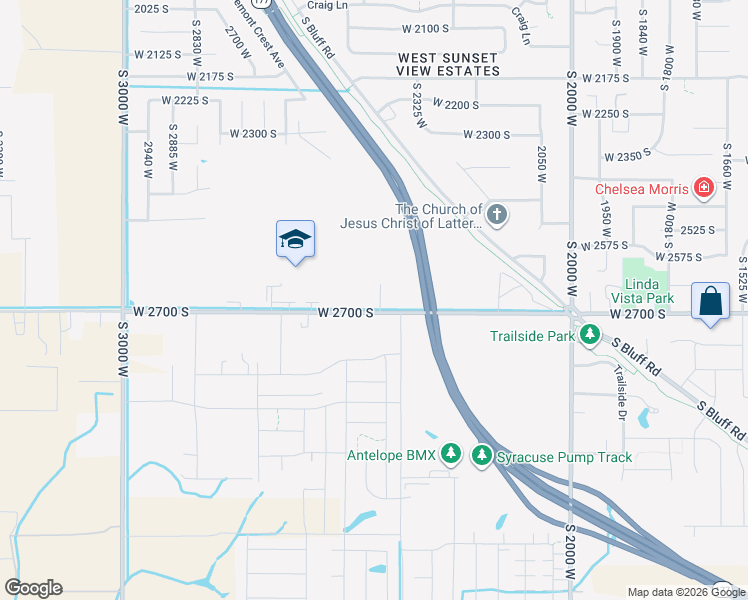 map of restaurants, bars, coffee shops, grocery stores, and more near 2666 South 2430 West in Syracuse