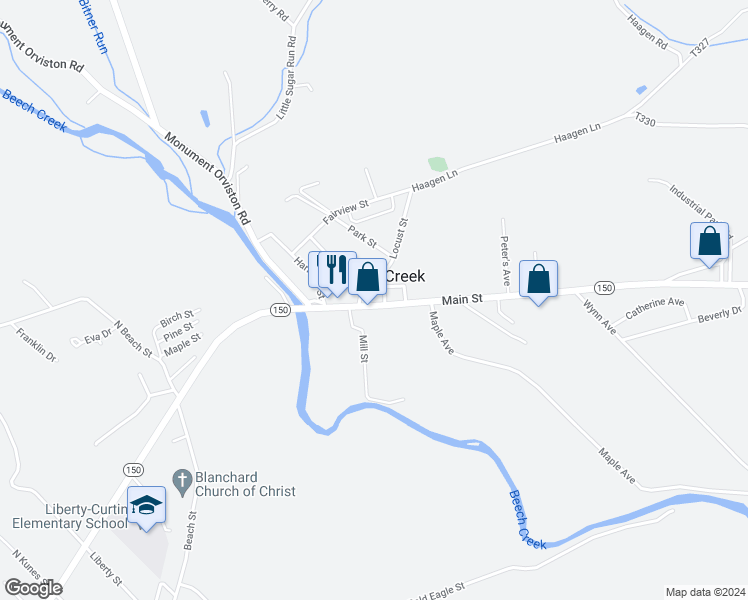 map of restaurants, bars, coffee shops, grocery stores, and more near 87 Main Street in Beech Creek