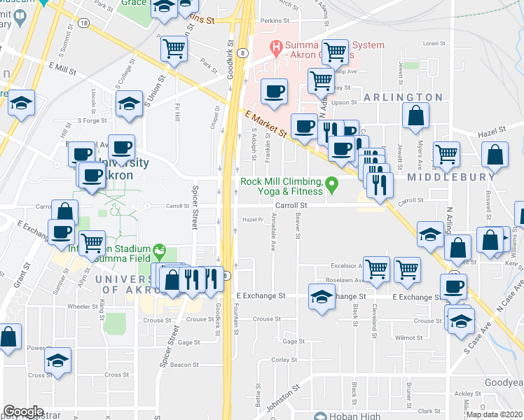 map of restaurants, bars, coffee shops, grocery stores, and more near 562 Carroll Street in Akron
