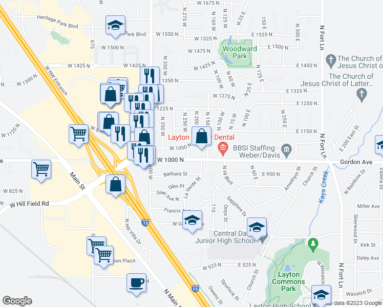 map of restaurants, bars, coffee shops, grocery stores, and more near 1030 North 250 West in Layton