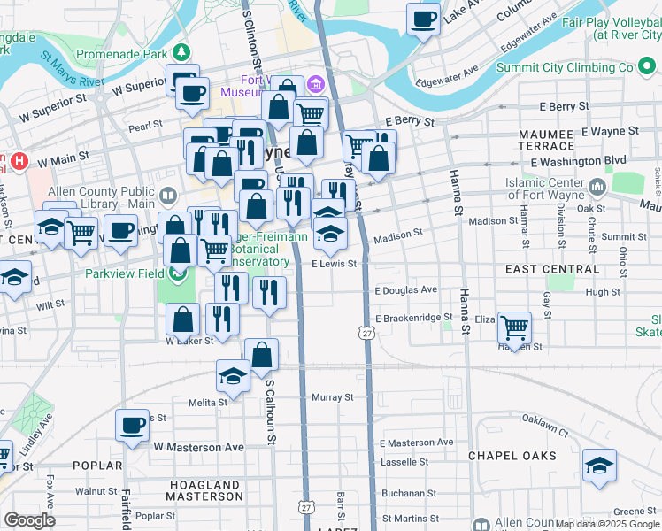 map of restaurants, bars, coffee shops, grocery stores, and more near 1200 South Barr Street in Fort Wayne