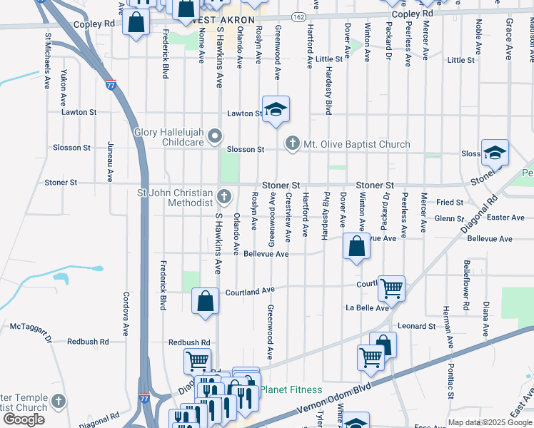 map of restaurants, bars, coffee shops, grocery stores, and more near 1172 Greenwood Avenue in Akron