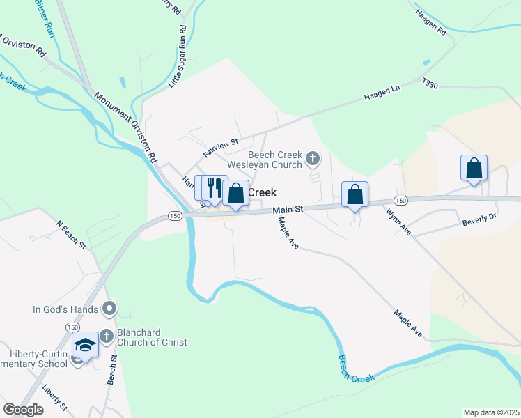 map of restaurants, bars, coffee shops, grocery stores, and more near 117 Main Street in Beech Creek