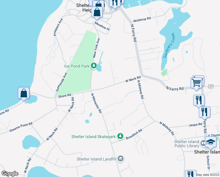 map of restaurants, bars, coffee shops, grocery stores, and more near 19 West Neck Road in Shelter Island