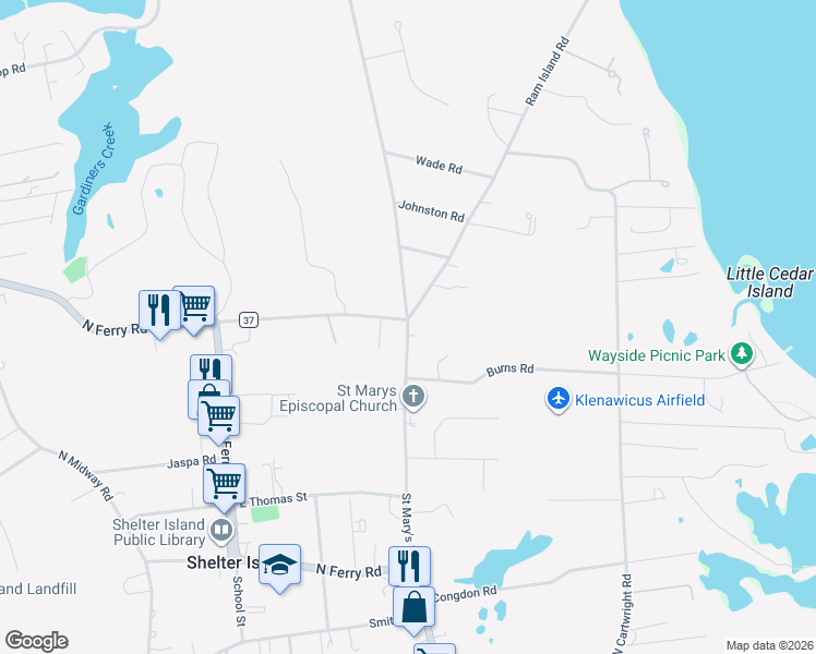 map of restaurants, bars, coffee shops, grocery stores, and more near 36 Saint Mary's Road in Shelter Island