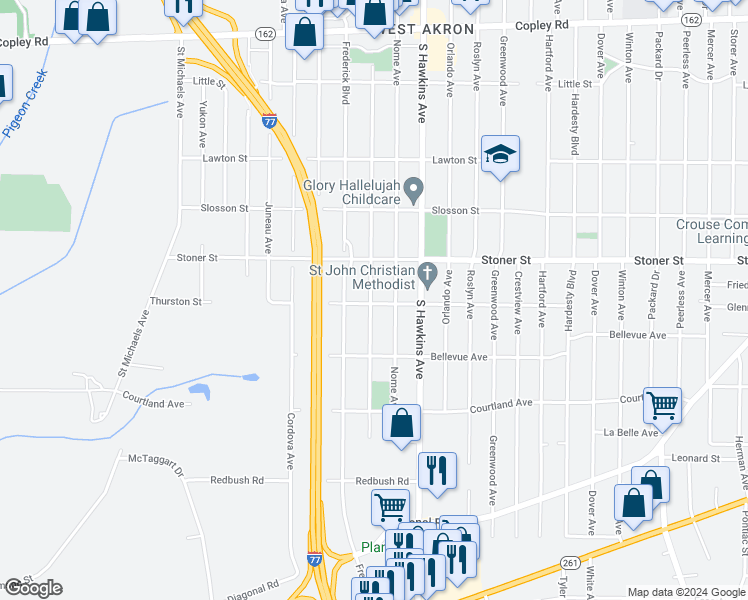 map of restaurants, bars, coffee shops, grocery stores, and more near 1341 Thurston Street in Akron