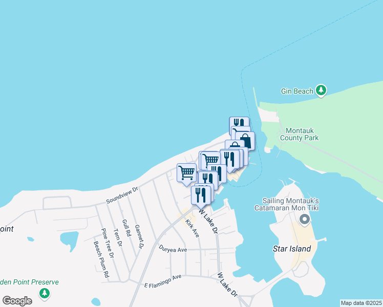 map of restaurants, bars, coffee shops, grocery stores, and more near 6 Soundview Drive in Montauk