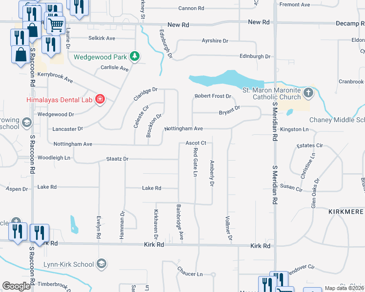 map of restaurants, bars, coffee shops, grocery stores, and more near 2738 Bainbridge Avenue in Youngstown