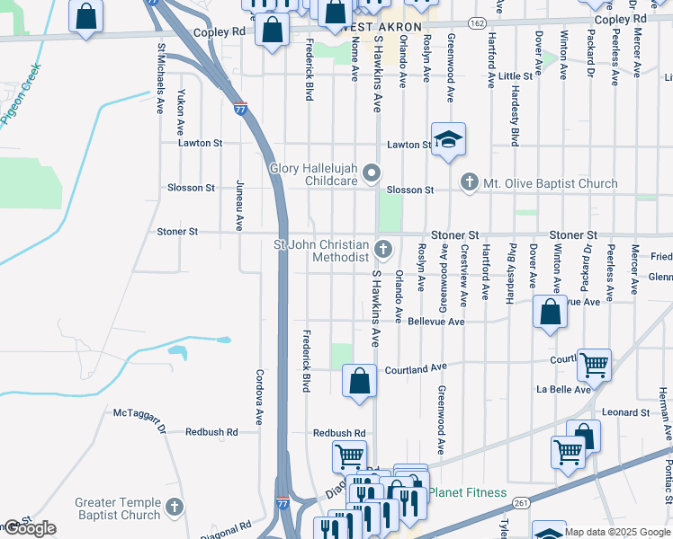 map of restaurants, bars, coffee shops, grocery stores, and more near 1271 Seward Avenue in Akron