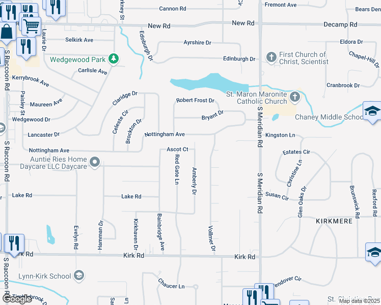 map of restaurants, bars, coffee shops, grocery stores, and more near 2428 Amberly Drive in Youngstown