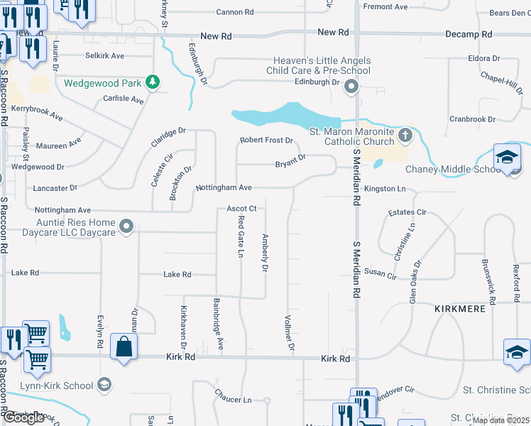 map of restaurants, bars, coffee shops, grocery stores, and more near 2428 Amberly Avenue in Austintown