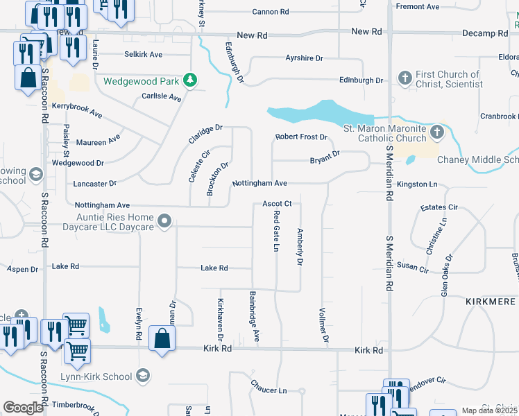 map of restaurants, bars, coffee shops, grocery stores, and more near 2433 Bainbridge Avenue in Youngstown