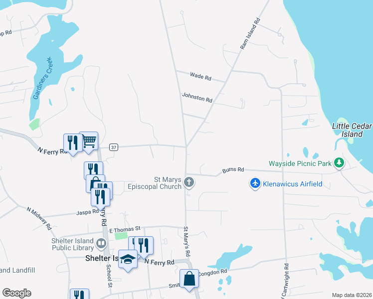 map of restaurants, bars, coffee shops, grocery stores, and more near 36 Saint Mary's Road in Shelter Island