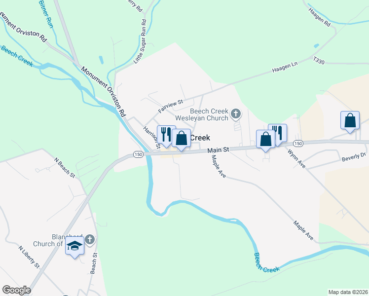 map of restaurants, bars, coffee shops, grocery stores, and more near 86 Main Street in Beech Creek