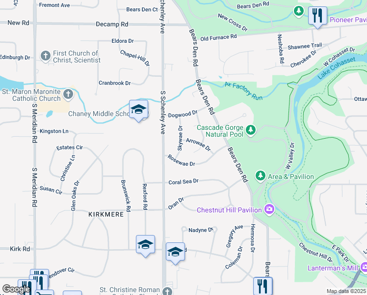 map of restaurants, bars, coffee shops, grocery stores, and more near 2702 Rosewae Drive in Youngstown