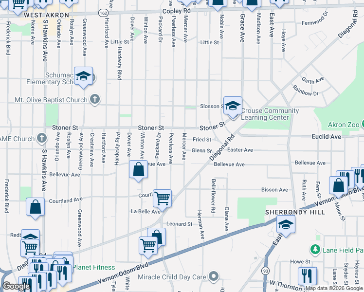 map of restaurants, bars, coffee shops, grocery stores, and more near 1085 Peerless Avenue in Akron