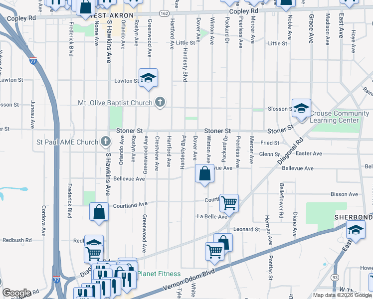 map of restaurants, bars, coffee shops, grocery stores, and more near 1144 Dover Avenue in Akron