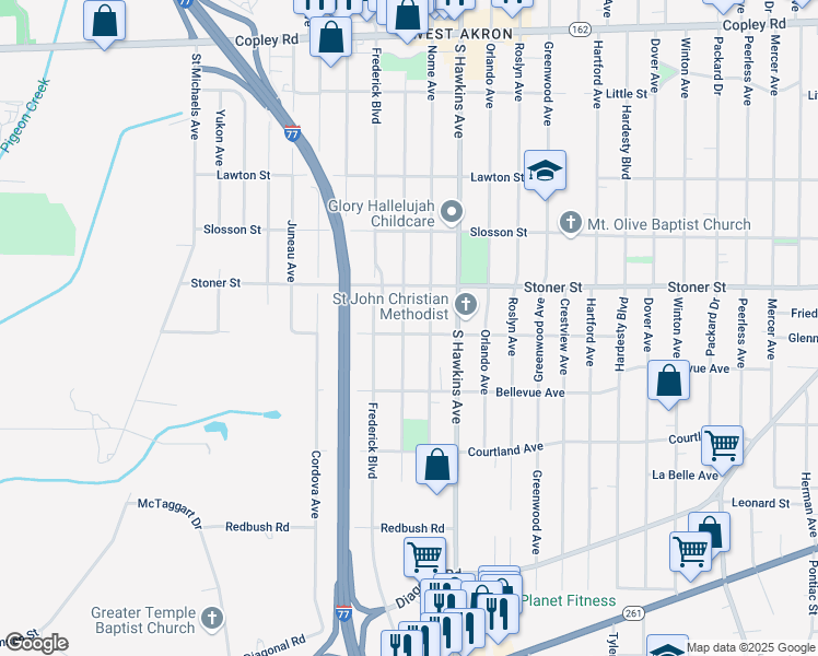 map of restaurants, bars, coffee shops, grocery stores, and more near 1271 Seward Avenue in Akron
