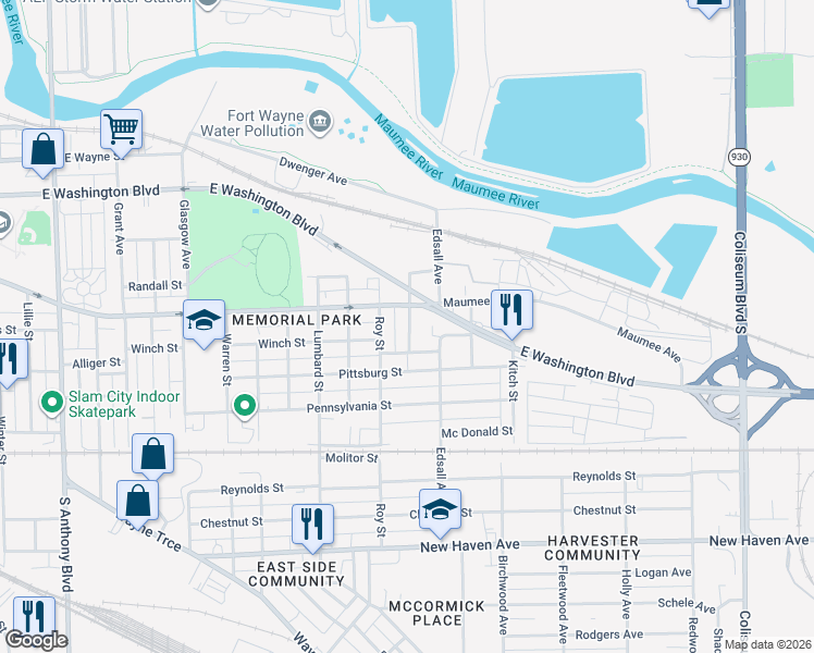 map of restaurants, bars, coffee shops, grocery stores, and more near 1312 Fairview Avenue in Fort Wayne