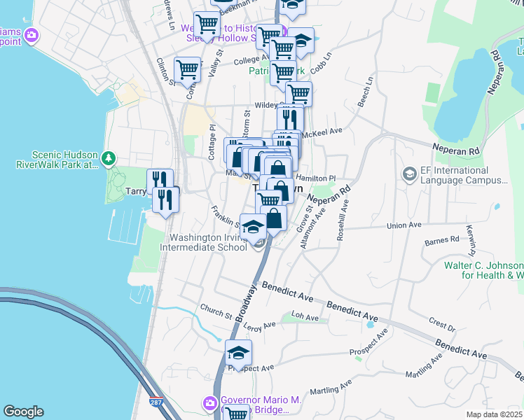 map of restaurants, bars, coffee shops, grocery stores, and more near John Street in Tarrytown