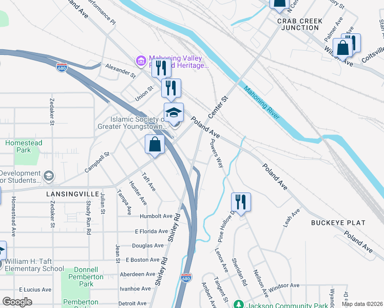 map of restaurants, bars, coffee shops, grocery stores, and more near 1814 Homewood Avenue in Youngstown