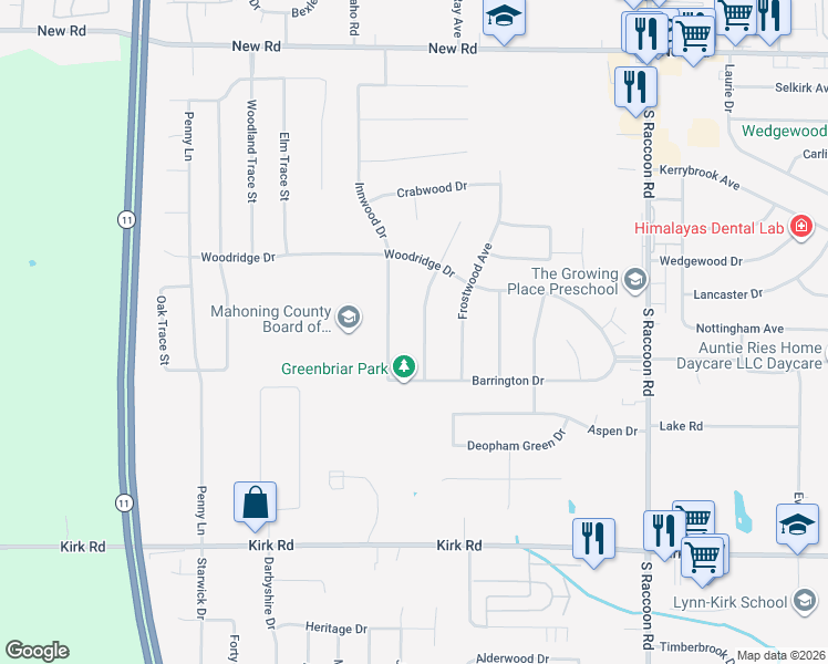 map of restaurants, bars, coffee shops, grocery stores, and more near 2365 Innwood Drive in Youngstown