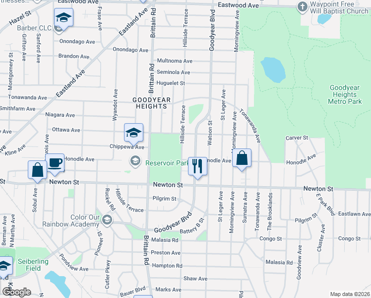 map of restaurants, bars, coffee shops, grocery stores, and more near 1738 Hillside Terrace in Akron