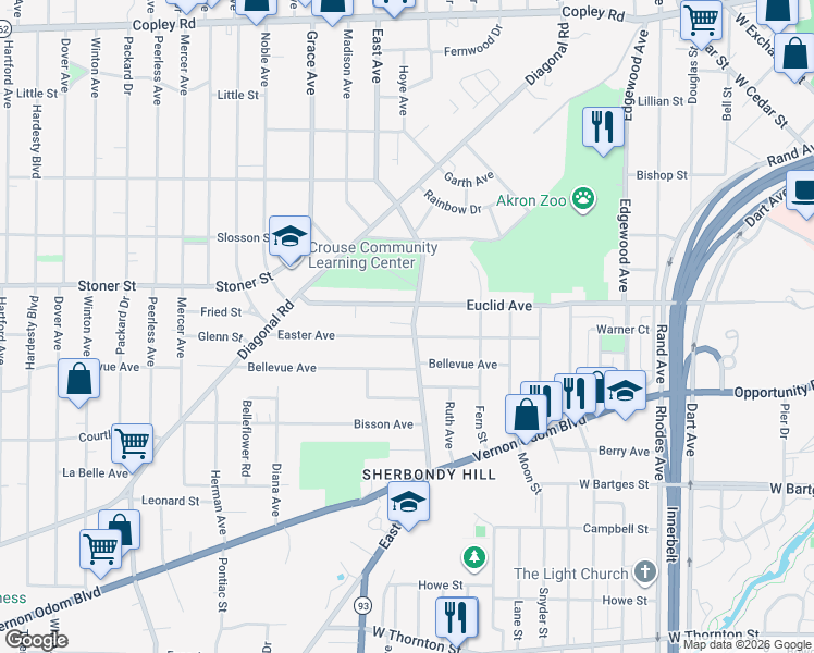 map of restaurants, bars, coffee shops, grocery stores, and more near 714 Easter Avenue in Akron