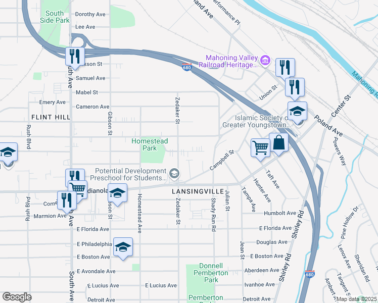 map of restaurants, bars, coffee shops, grocery stores, and more near 933 Compton Lane in Youngstown