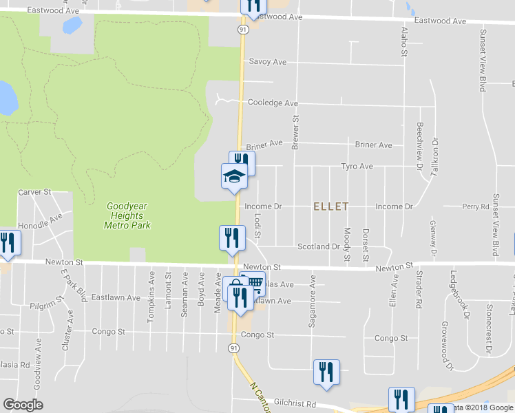 map of restaurants, bars, coffee shops, grocery stores, and more near 434 Lodi Street in Akron