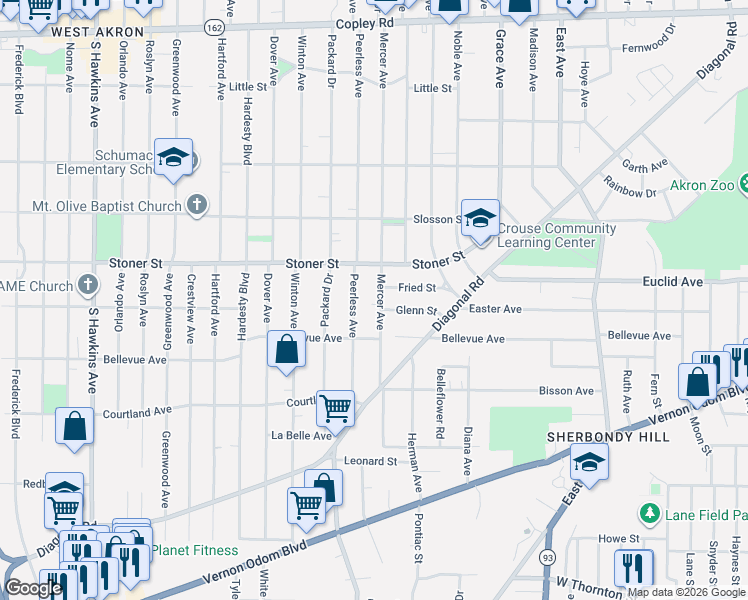 map of restaurants, bars, coffee shops, grocery stores, and more near 1085 Peerless Avenue in Akron